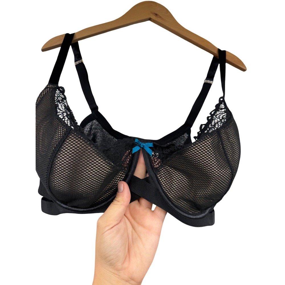 Cacique Black Mesh Lace Trim Underwire Bra 44DDD Blue Bow Lingerie Sexy Hot